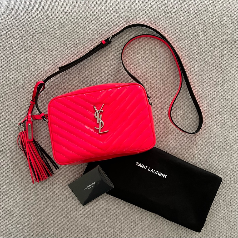 Lou Medium YSL Camera Bag with Pocket and Tassel in Quilted Patent Leather